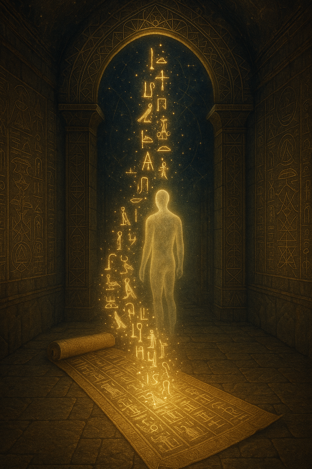 An Egyptian soul faces a giant serpent guardian at a glowing gate, hieroglyphs and names swirling in light