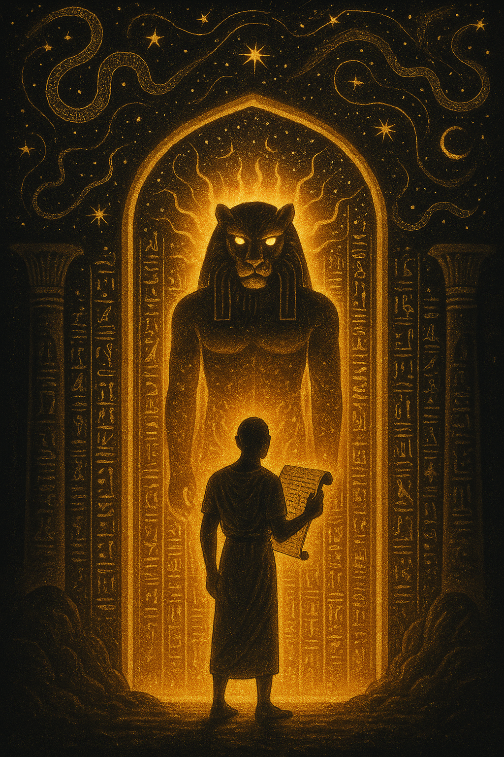 Egyptian soul standing before a gate in the Du”st, challenged by guardian figures