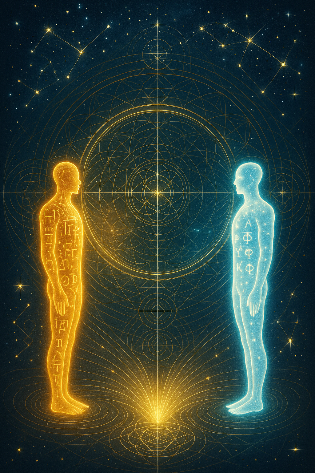 A radiant soul gazes into a cosmic mirror, seeing itself as both Akh and Divine Spark, surrounded by sacred geometry