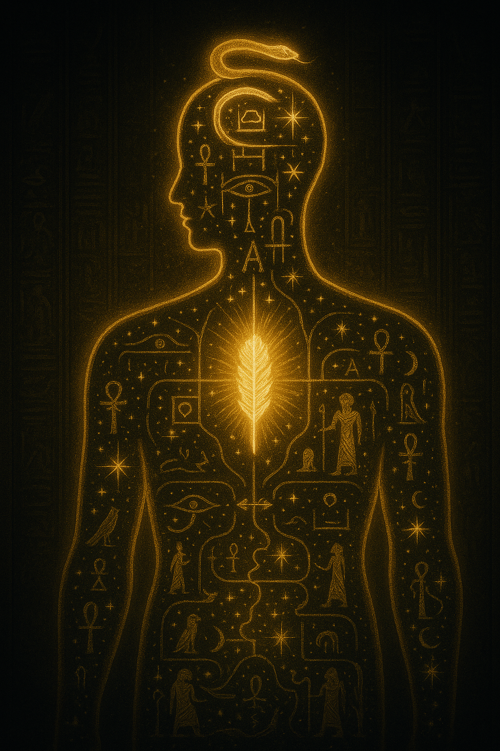 A mystical human form filled with glowing Egyptian symbols, star paths, and sacred gates within the chest and head