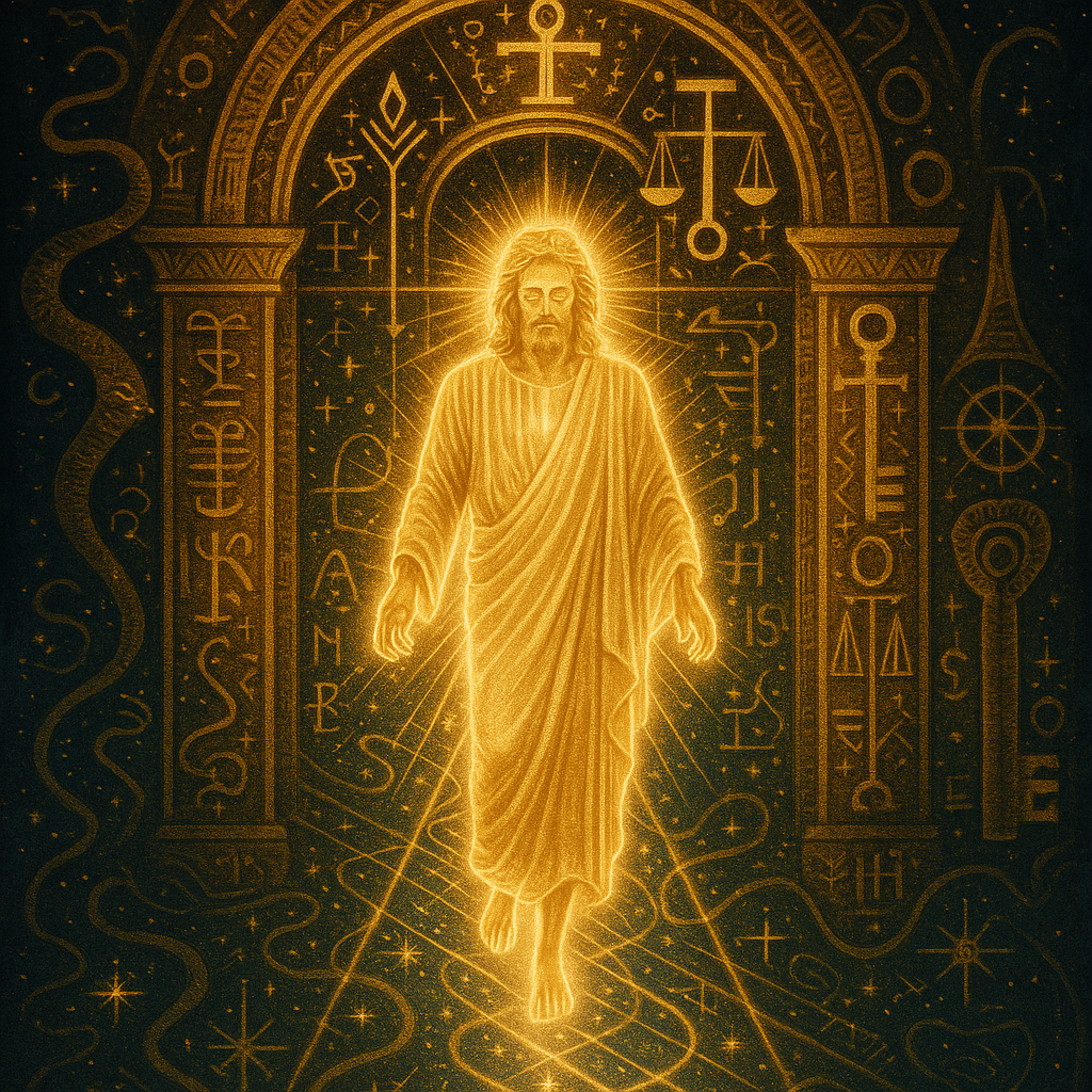 A radiant Christ figure descends into a starry underworld with gates, Egyptian symbols, and light bursting from behind
