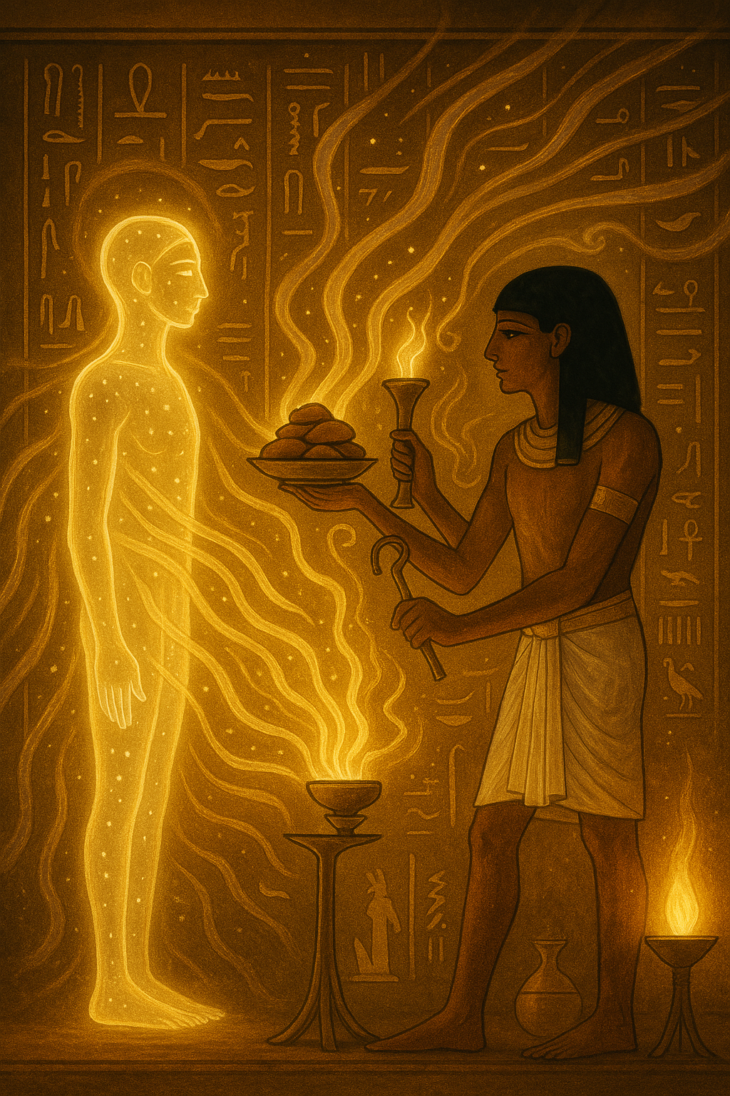 A glowing double of a human soul stands beside them in ritual, receiving incense and food as golden energy flows