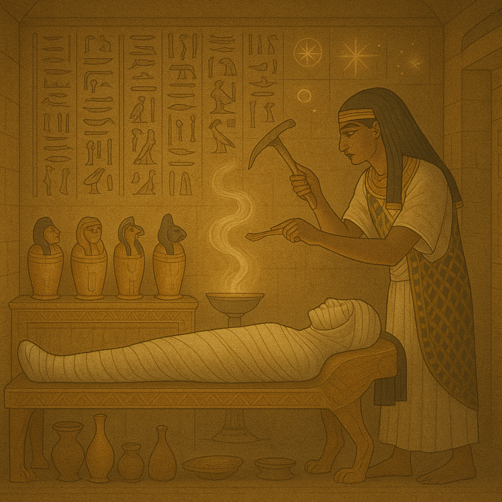 Ancient Egyptian burial chamber with mummification and ritual objects