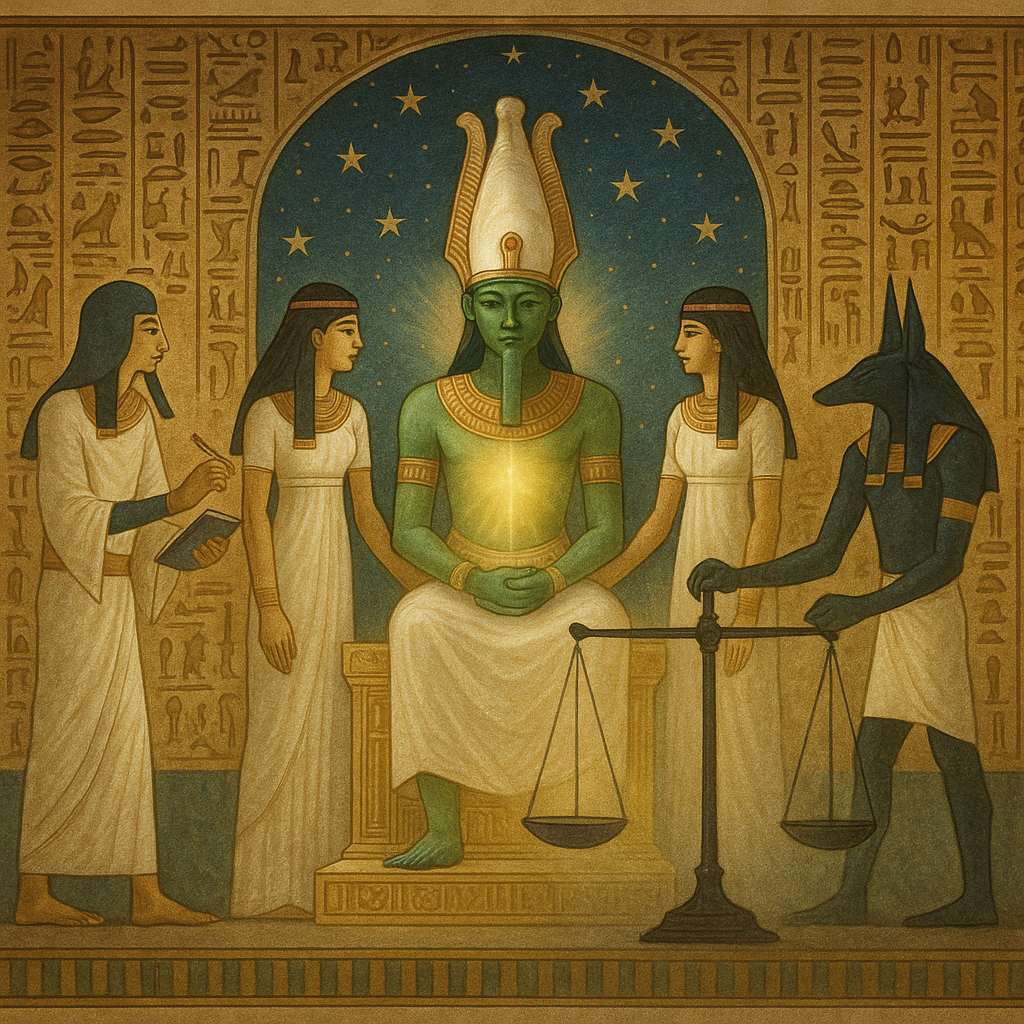 Osiris enthroned in the Hall of Ma’at, green-skinned and radiant