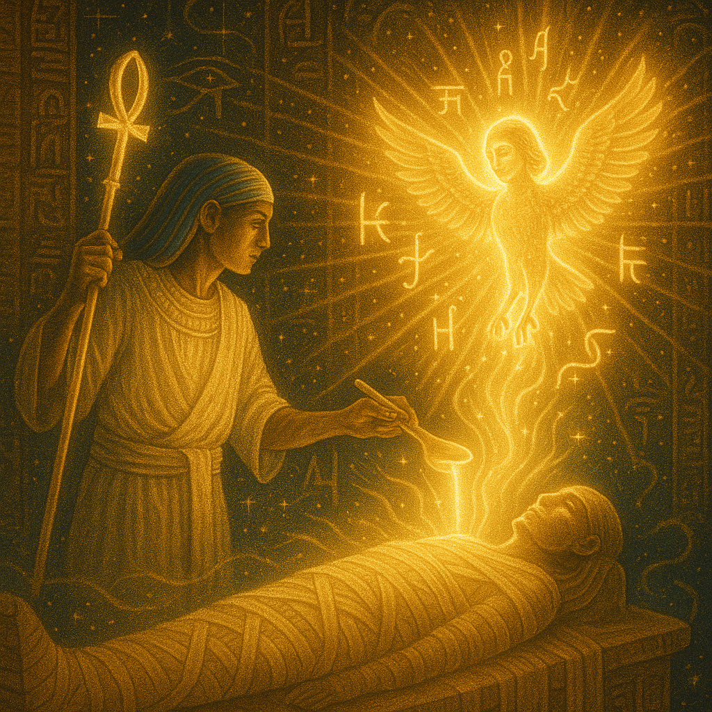 An Egyptian priest reviving the luminous Akh soul with sacred tools, chants, and radiant light