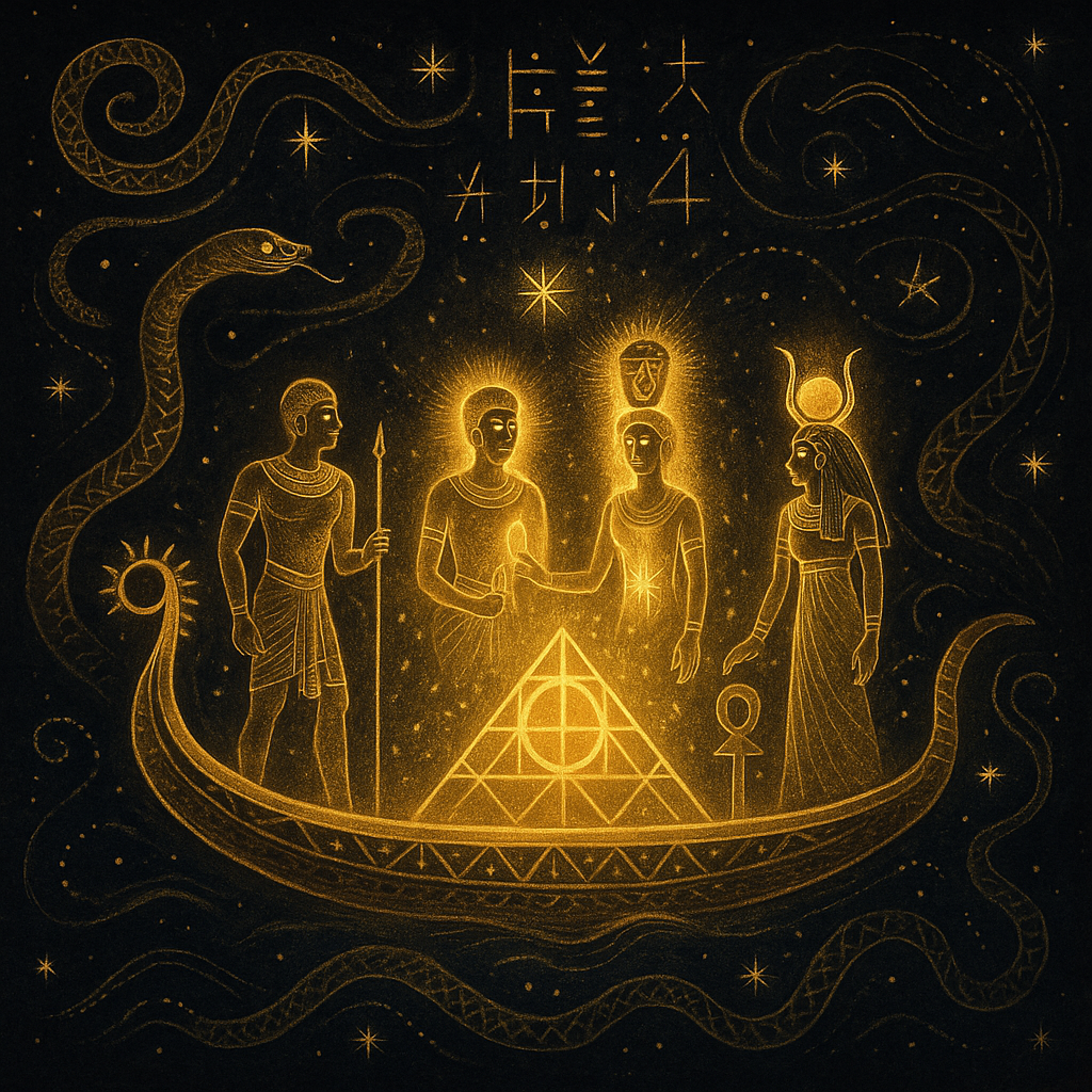The solar barque of Ra sailing through darkness, glowing with divine energy and sacred figures aboard