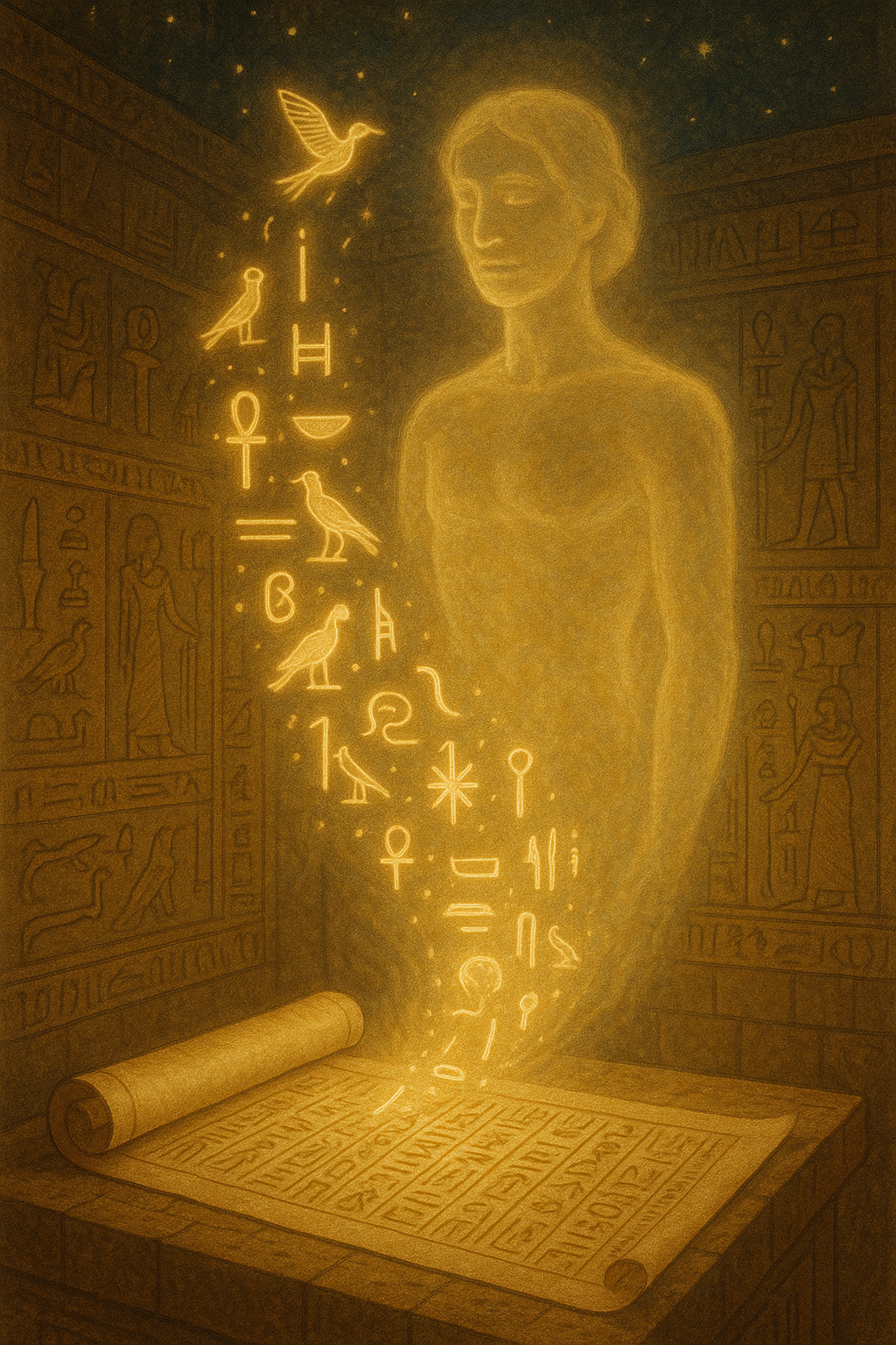 Egyptian glyphs glowing with light as they rise from a scroll toward a translucent soul