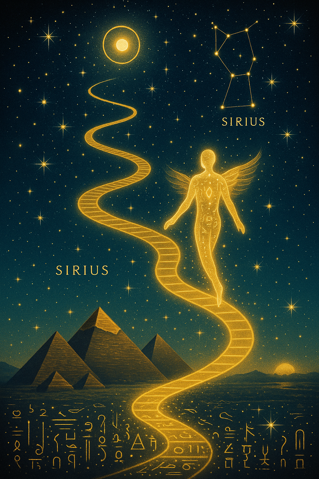 A soul rises along a glowing golden path toward the Orion and Sirius star cluster, with pyramids aligned below