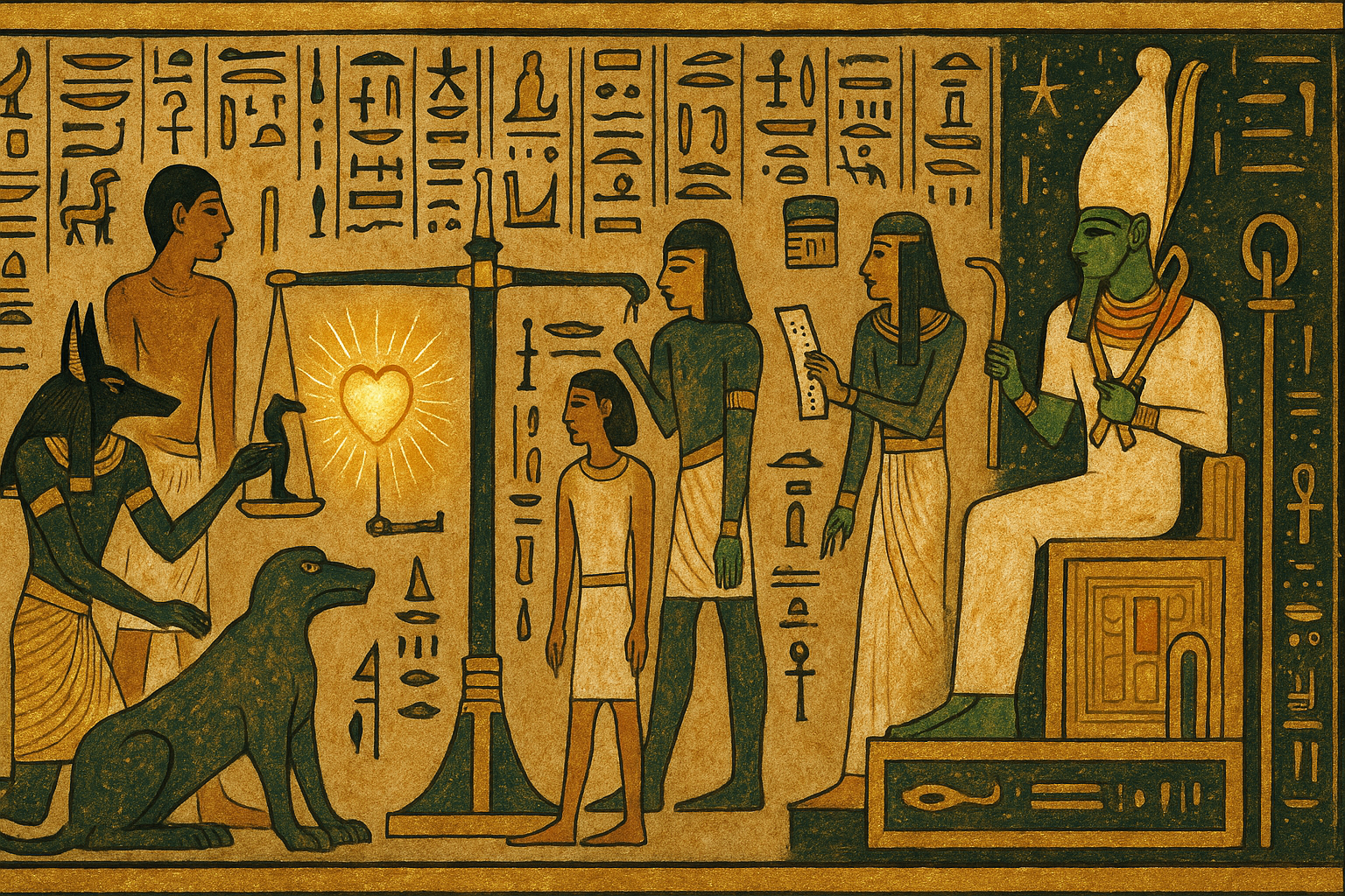 Egyptian soul before the scales, heart on one side, feather of Ma’at on the other, with Anubis, Thoth, and Ammit