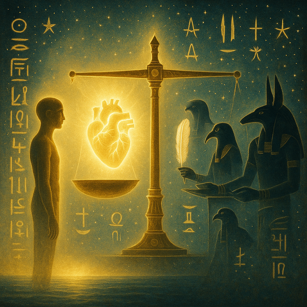 A soul stands before a massive golden scale, their heart glowing on one side, a feather floating on the other