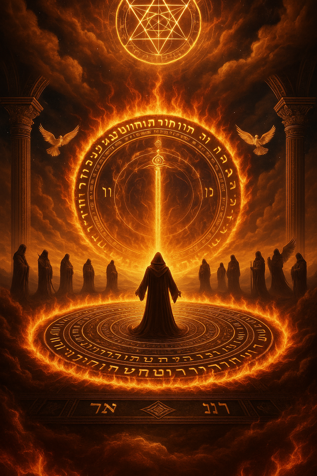 Figure inside sacred fire with sword