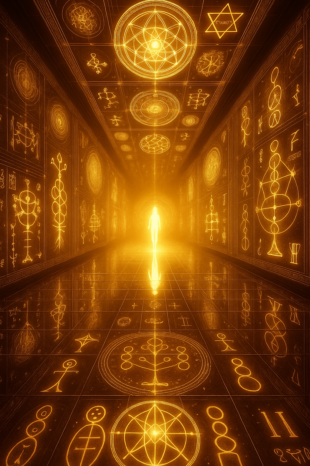 Sacred mirrored hall with symbols