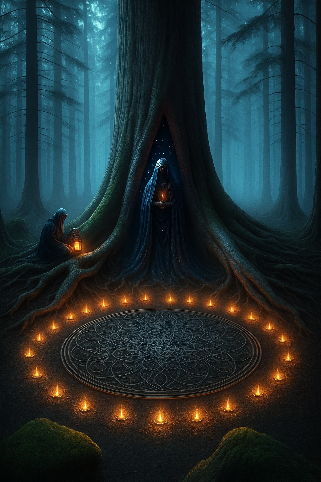 Mystical roots glowing with divine sparks