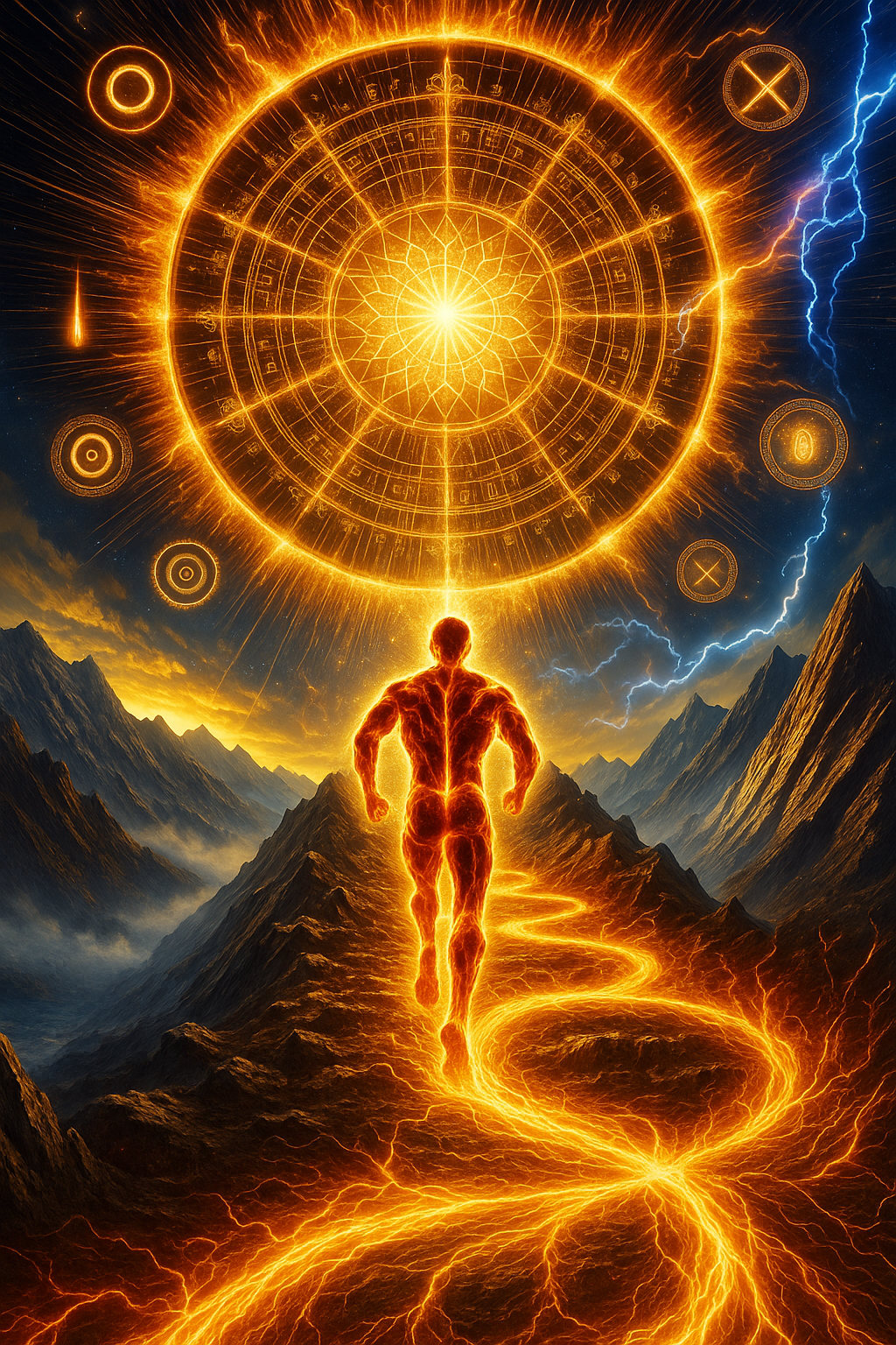 Figure climbing through golden flame