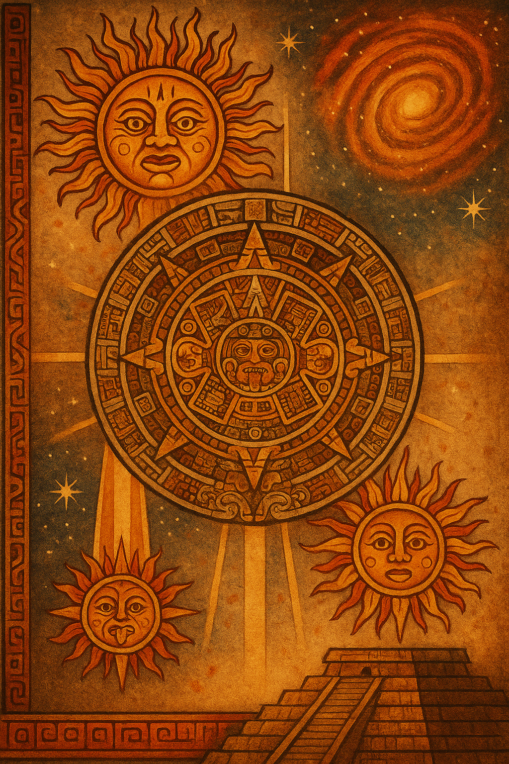 Mesoamerican calendar round overlaid with sun glyphs and cosmic alignments
