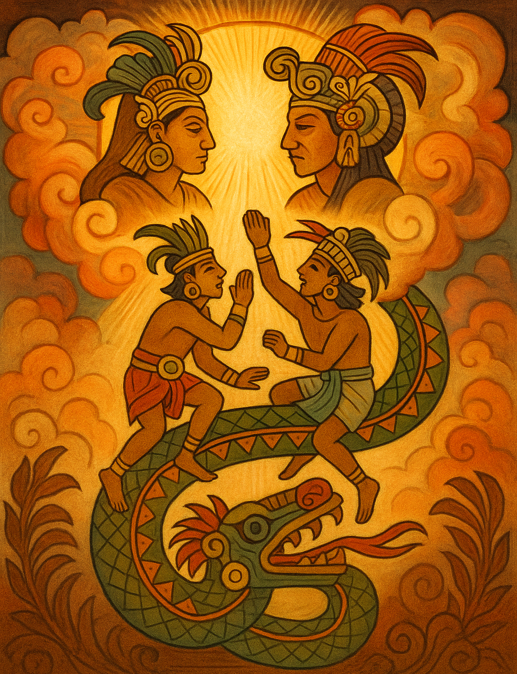 A soul at the underworld river with a Xoloitzcuintli dog guide, stylised in Mesoamerican codex art