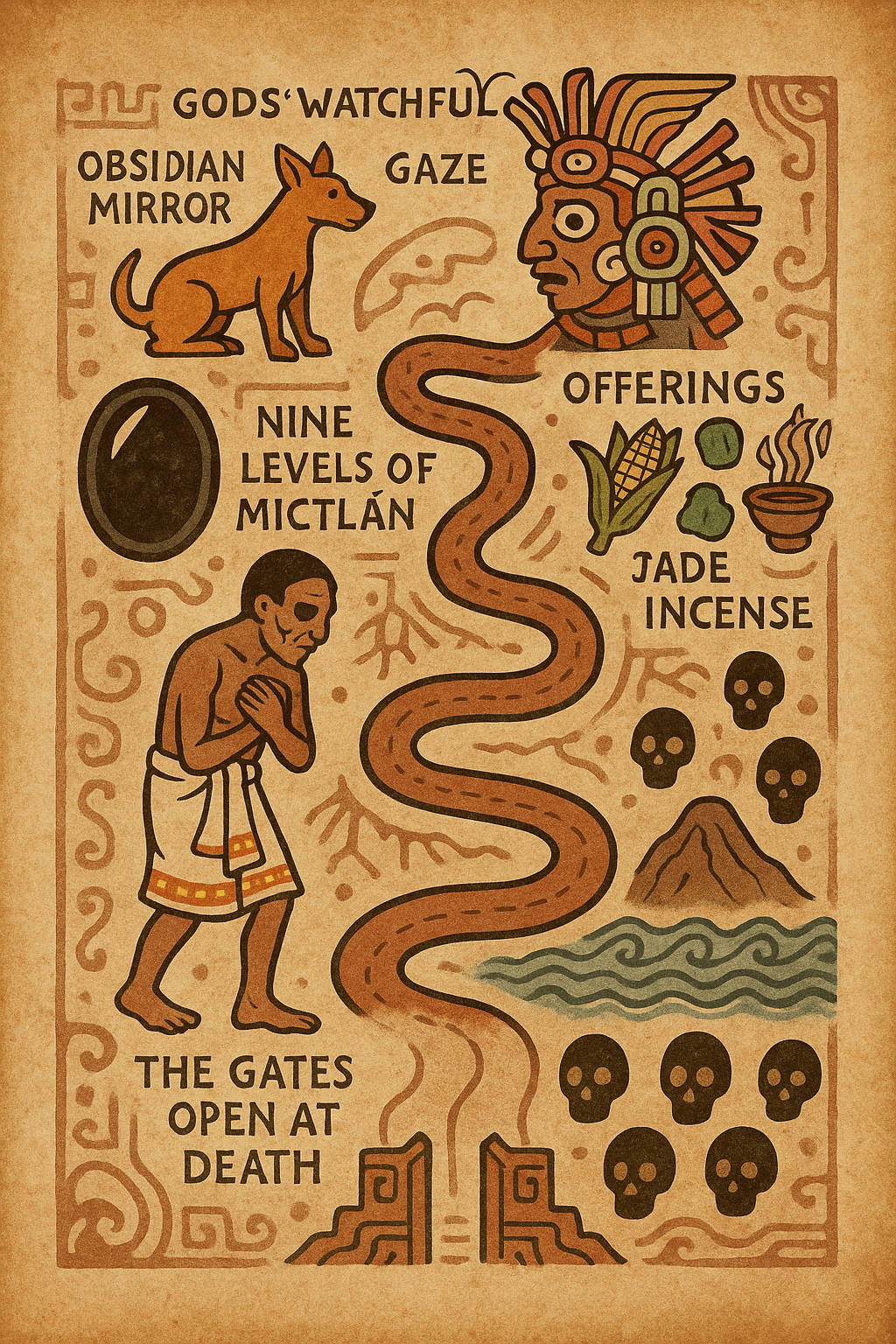 Symbolic Mesoamerican illustration of the soul beginning its journey into Mictlán, with offerings, dog, jade, obsidian mirror, and skull path