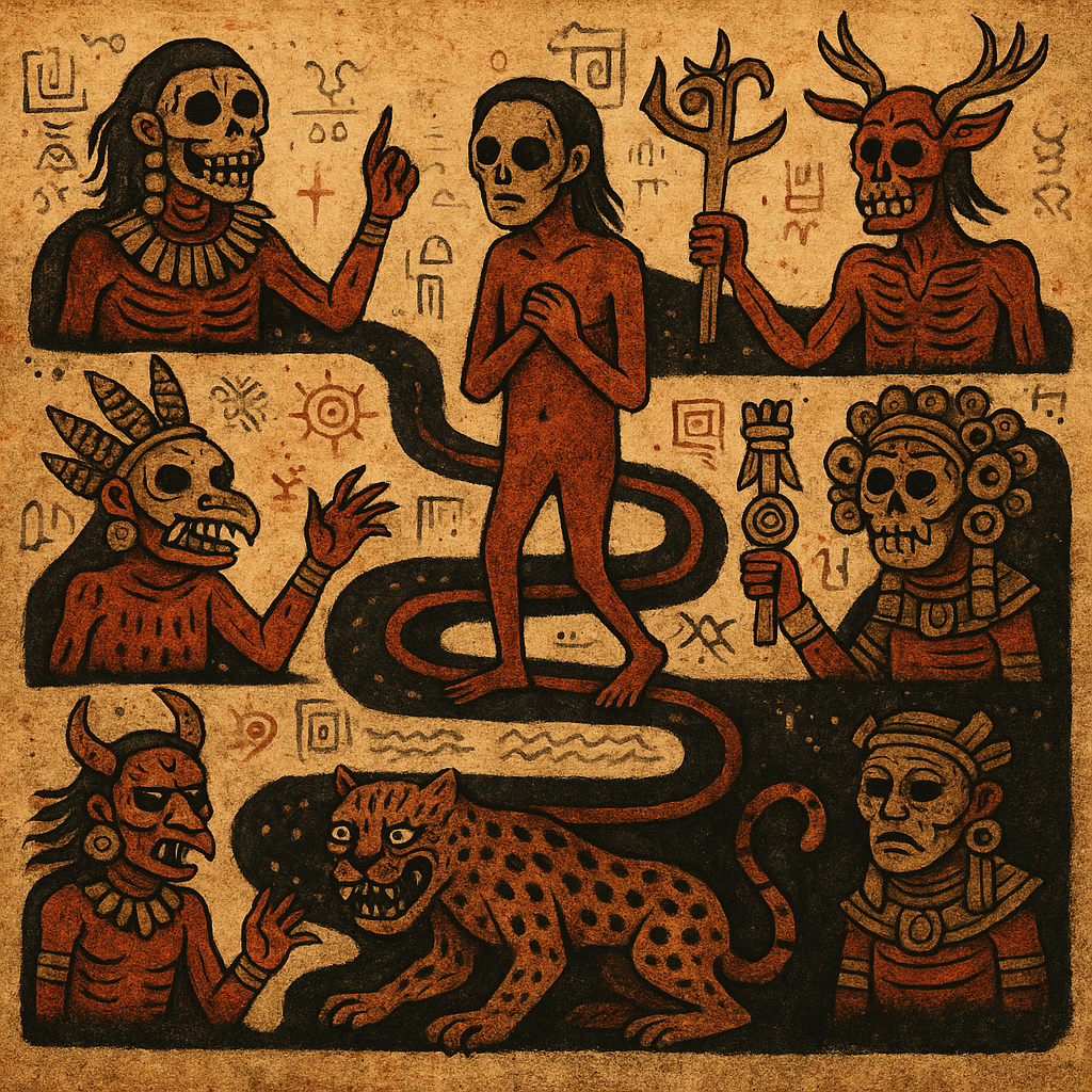 Symbolic Mesoamerican underworld with layered levels, obsidian winds, jaguars, rivers, and a soul journeying downward