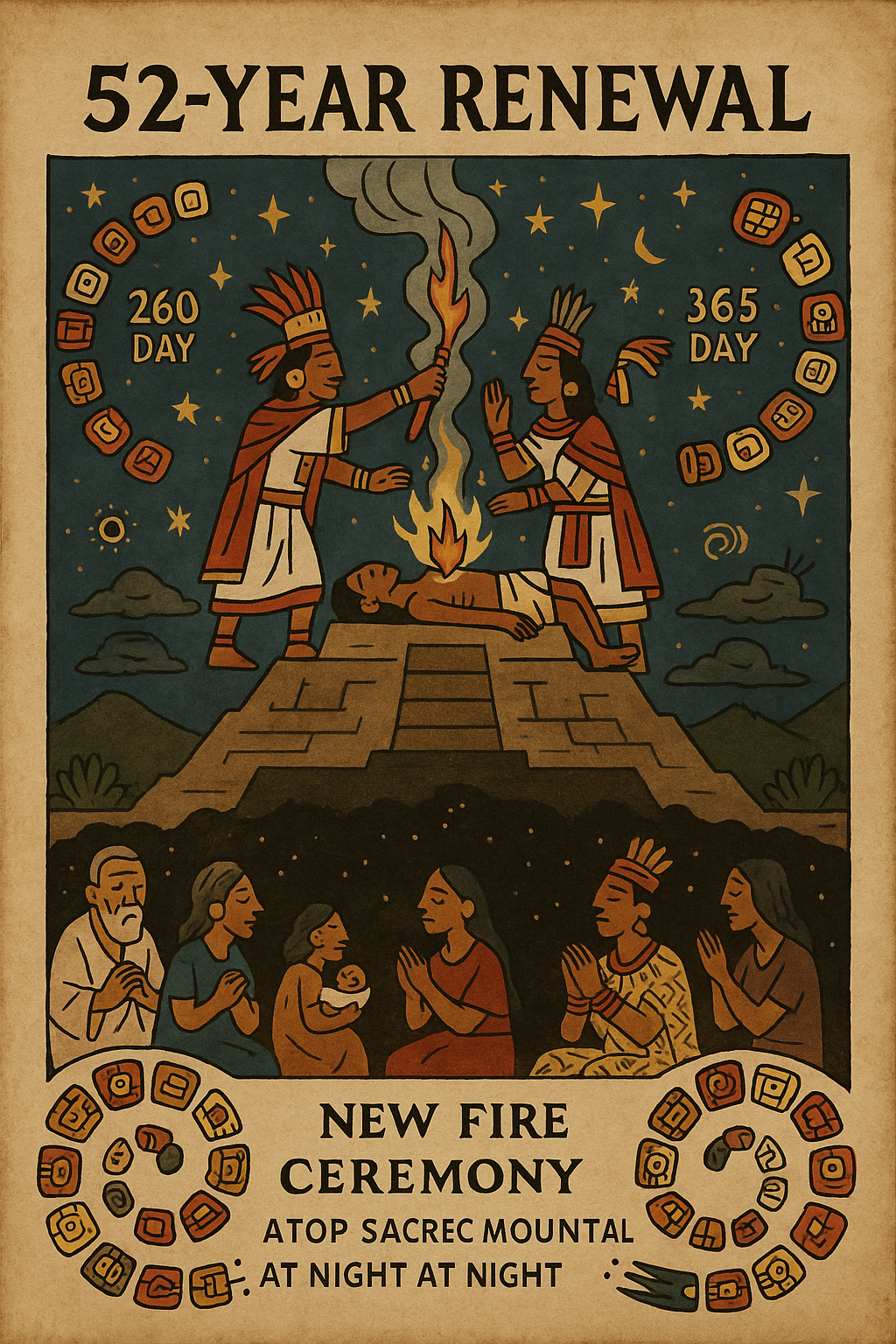 Mesoamerican fire ritual during the 52-year renewal cycle with priests, stars, and glyphs