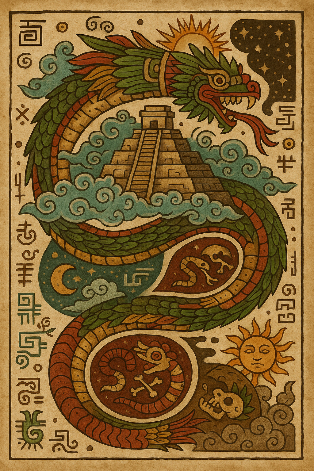 Quetzalcoatl, the Feathered Serpent, spiralling through underworld, sky, and pyramid in Mesoamerican glyph style