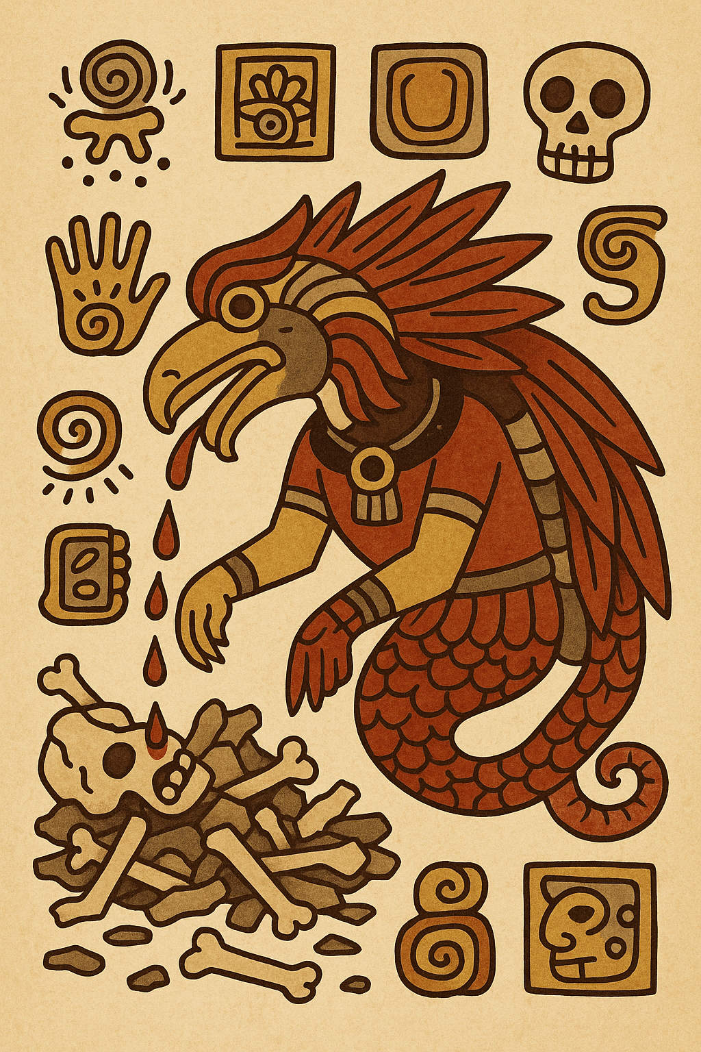Quetzalcoatl bleeding onto broken bones in the underworld, with symbols of jade, memory, and rebirth