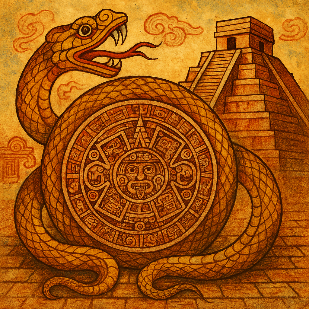 Serpent coiling through a Mesoamerican stone calendar