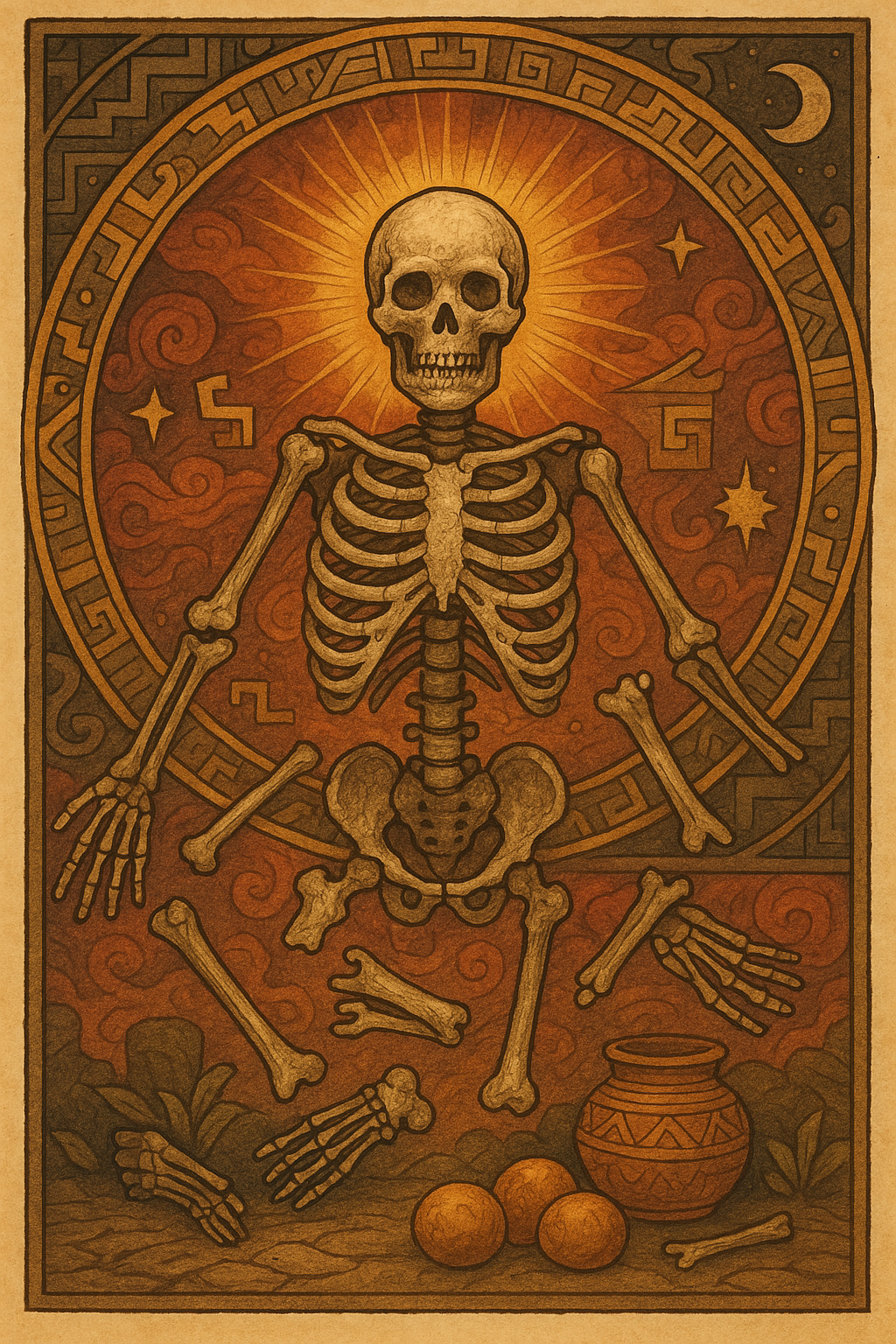 Mesoamerican soul dismembered and reassembled through underworld trials, bones, and spiritual memory