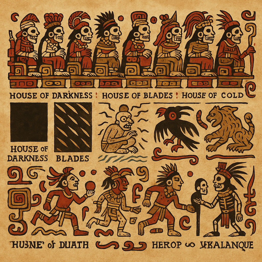 Maya underworld Xibalba with Hero Twins facing death lords and trials