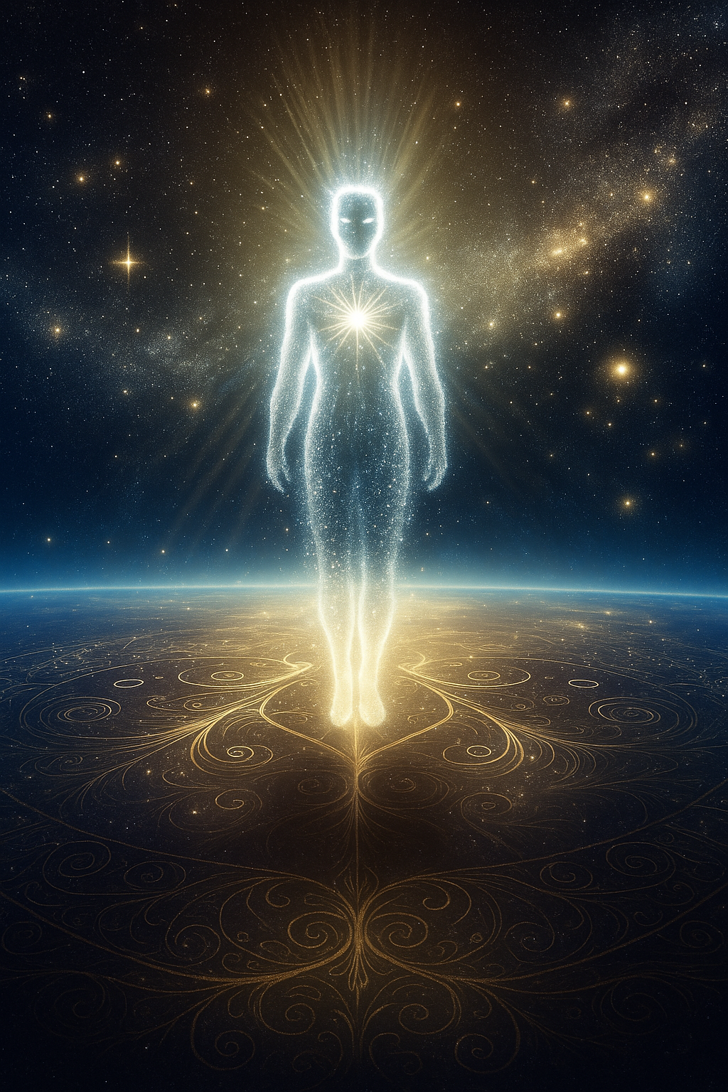 A soul figure shimmering in pure light, standing calmly in the infinite horizon, radiating peace and oneness with the Divine
