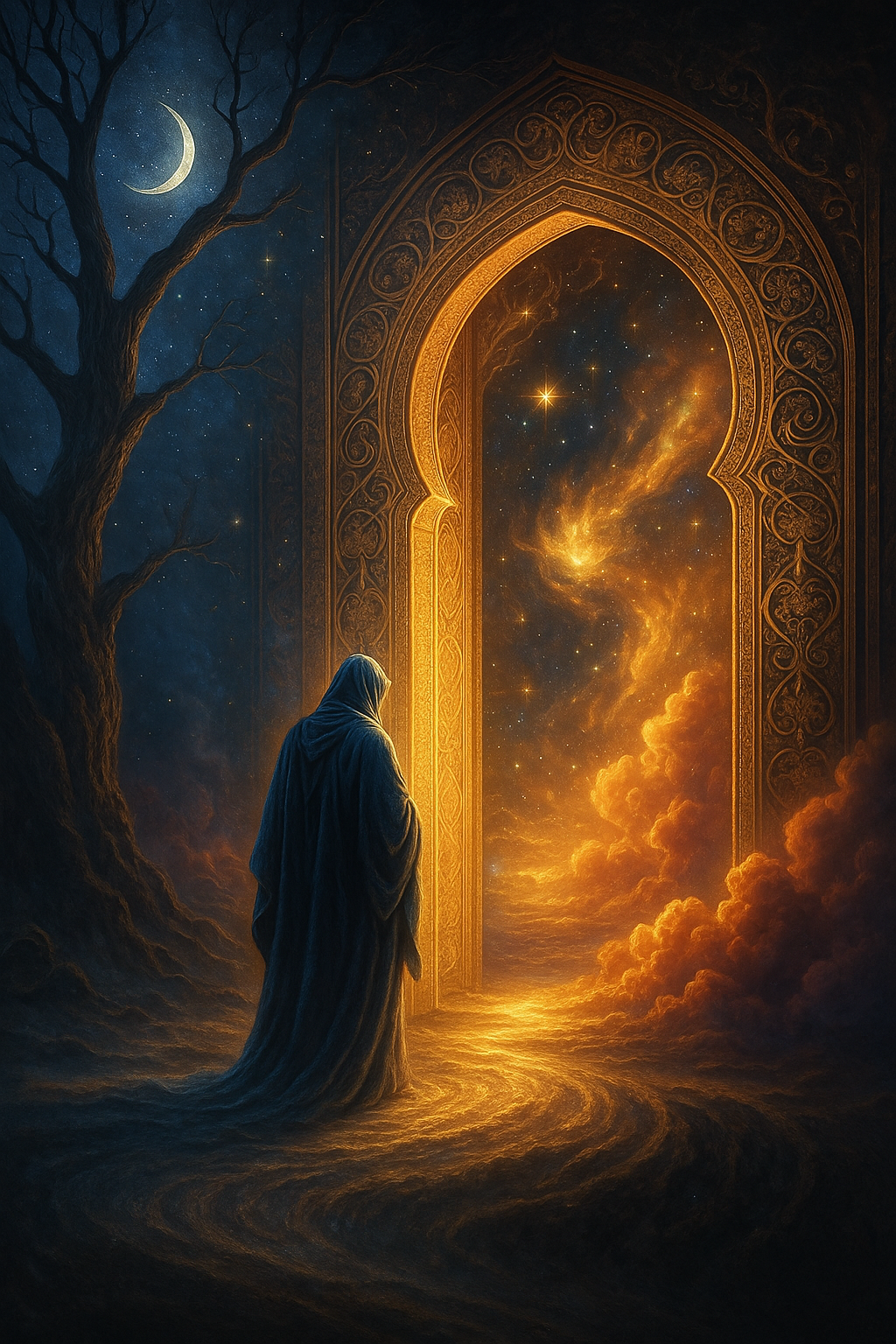 A soul beholding its reflection in a twilight realm