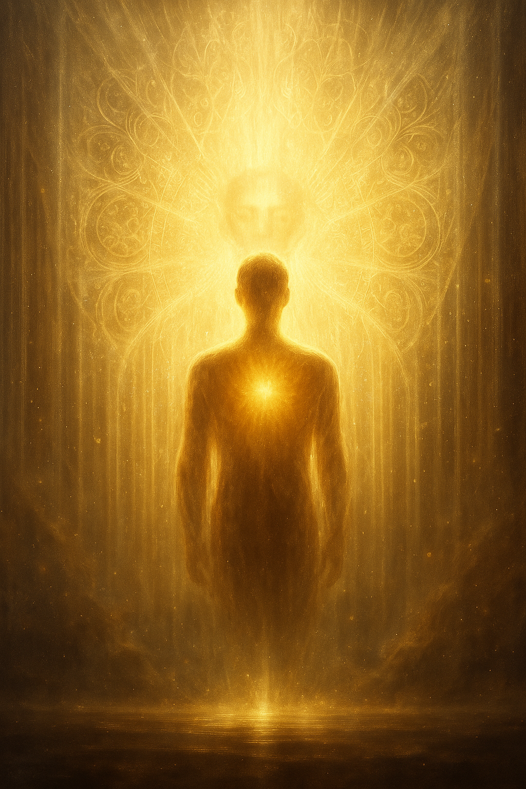A luminous figure standing before a radiant veil, light streaming through, with the reflection of the seeker‘s own face merging into the divine light