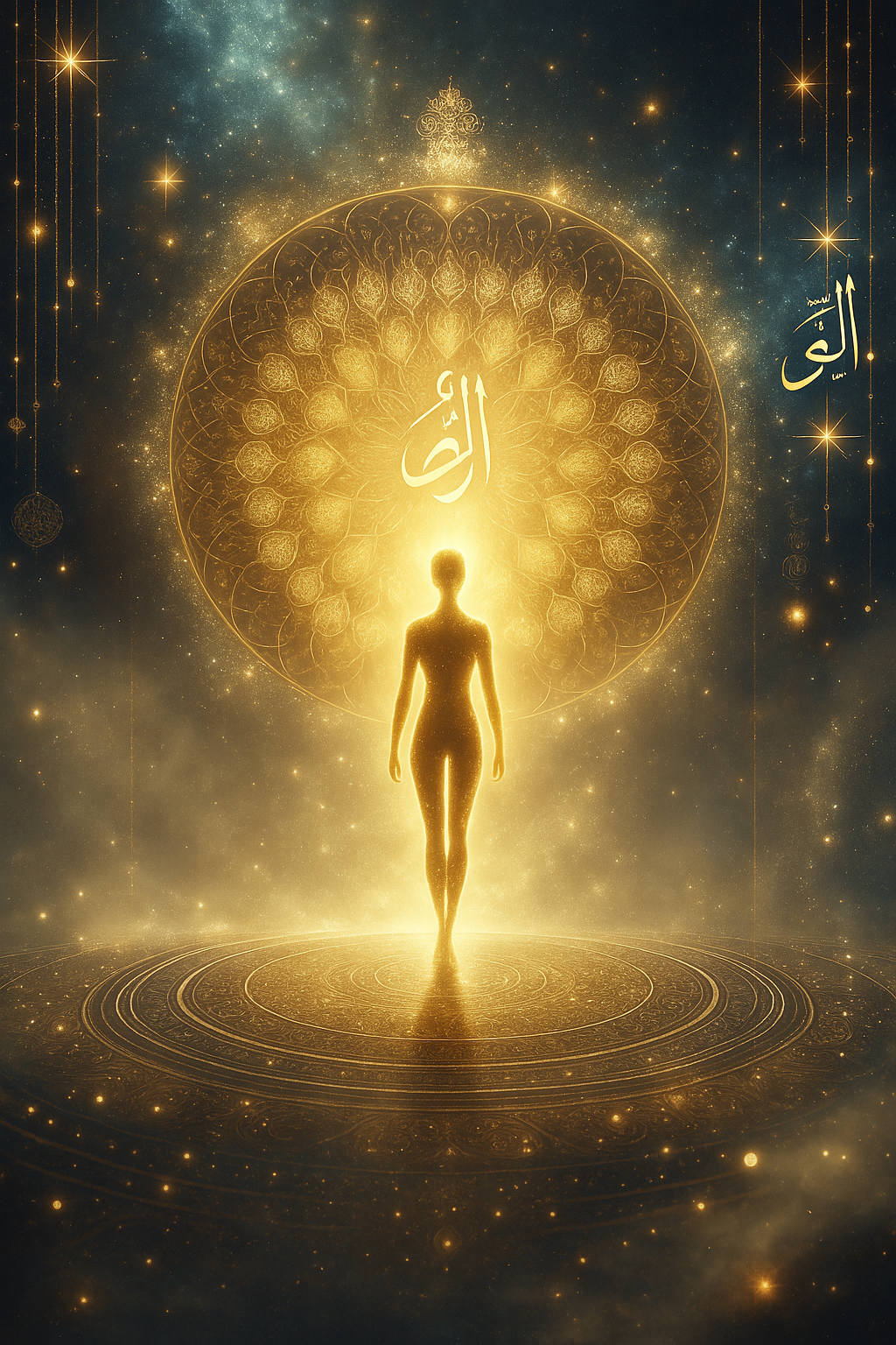 A glowing human figure walking peacefully through a luminous garden of light, radiating divine presence, surrounded by swirling cosmic patterns and golden mist