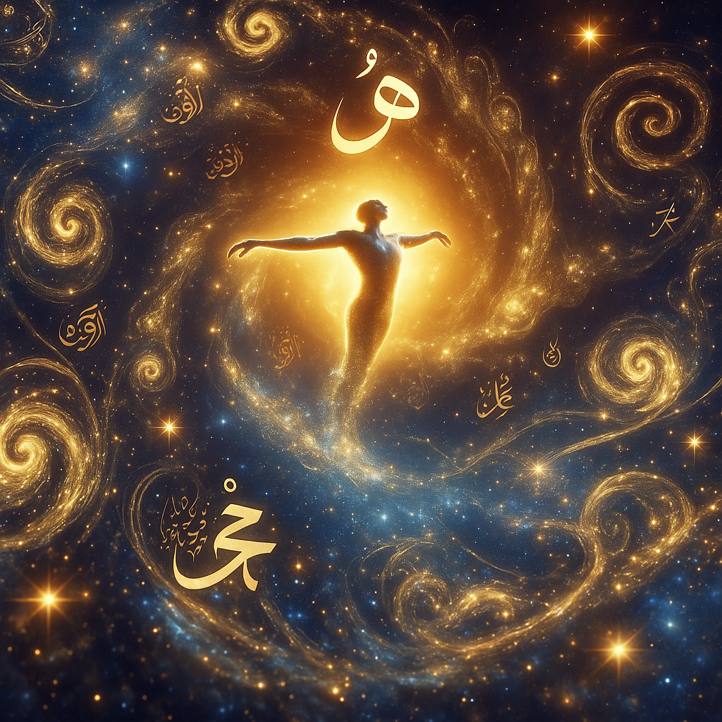 A luminous figure dancing among swirling stars and galaxies, blending into cosmic patterns, surrounded by golden light and divine calligraphy