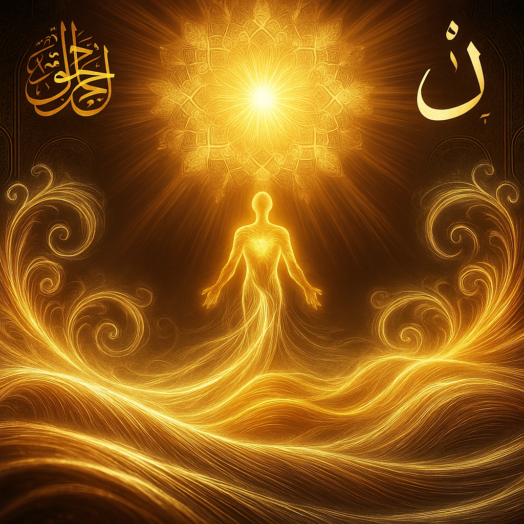 A figure dissolving into radiant golden light, surrounded by waves and flame, merging into the Divine Ocean