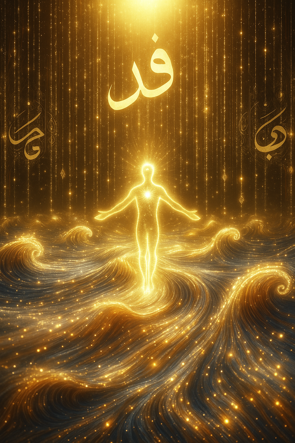 A radiant figure dissolving into golden light, arms wide open, becoming one with a vast ocean of shimmering divine light