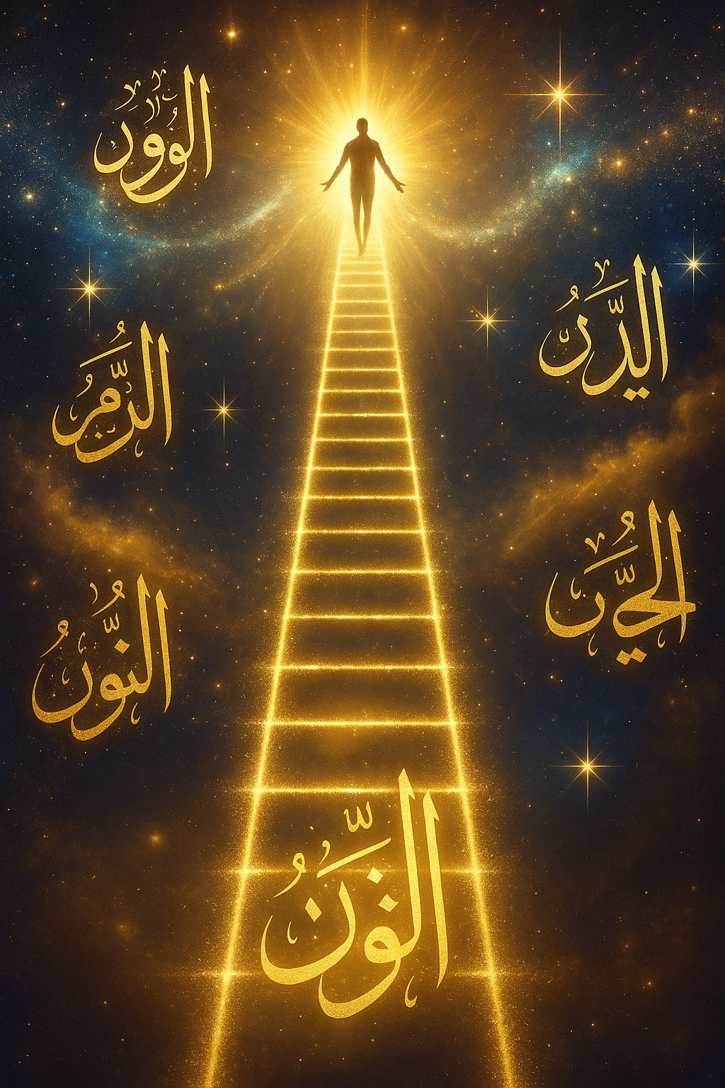 A radiant ladder of light stretching from earth to heaven, a soul ascending with arms open, drawn upward by invisible pull