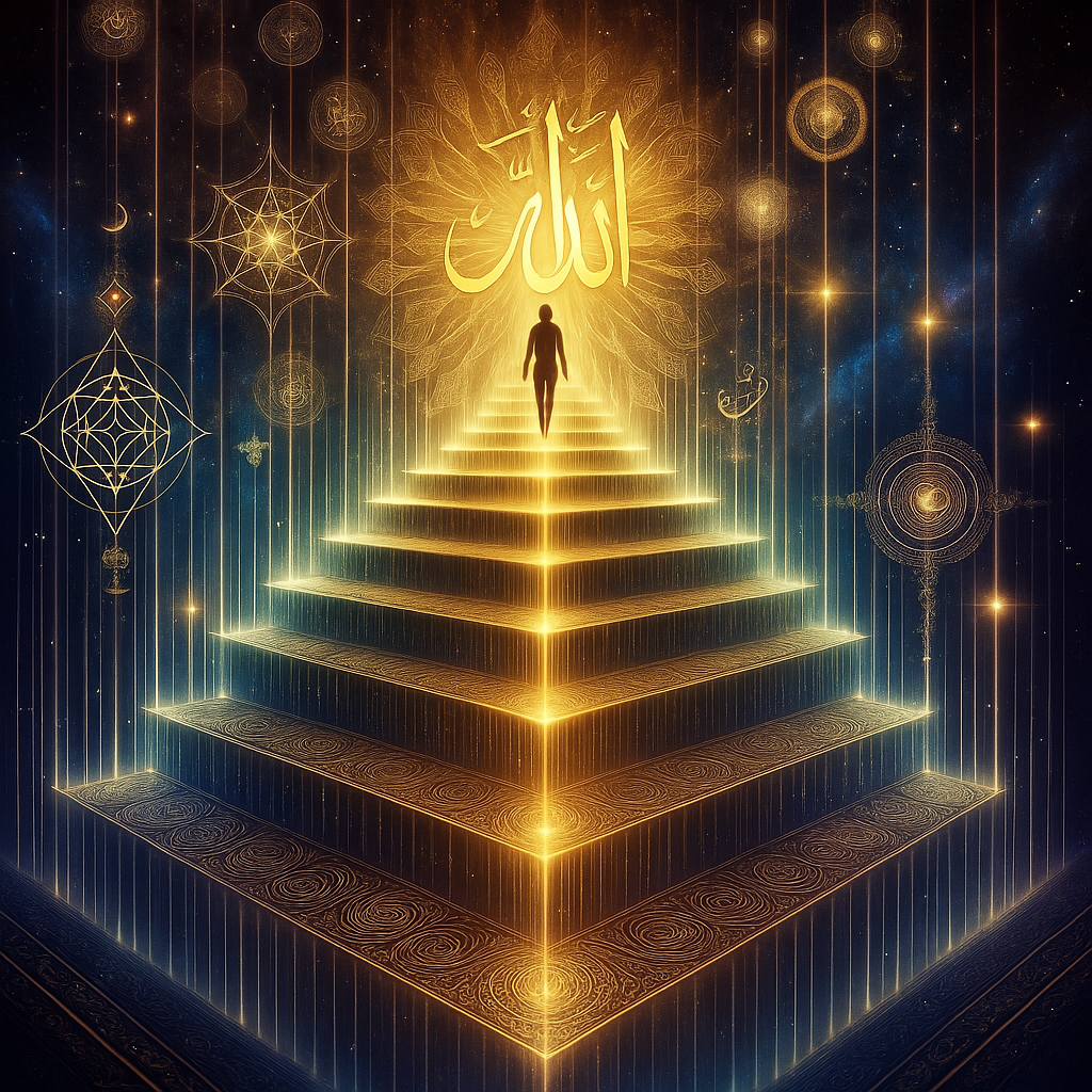 A radiant soul ascending through cosmic layers, surrounded by angels, geometric light patterns, and veils parting