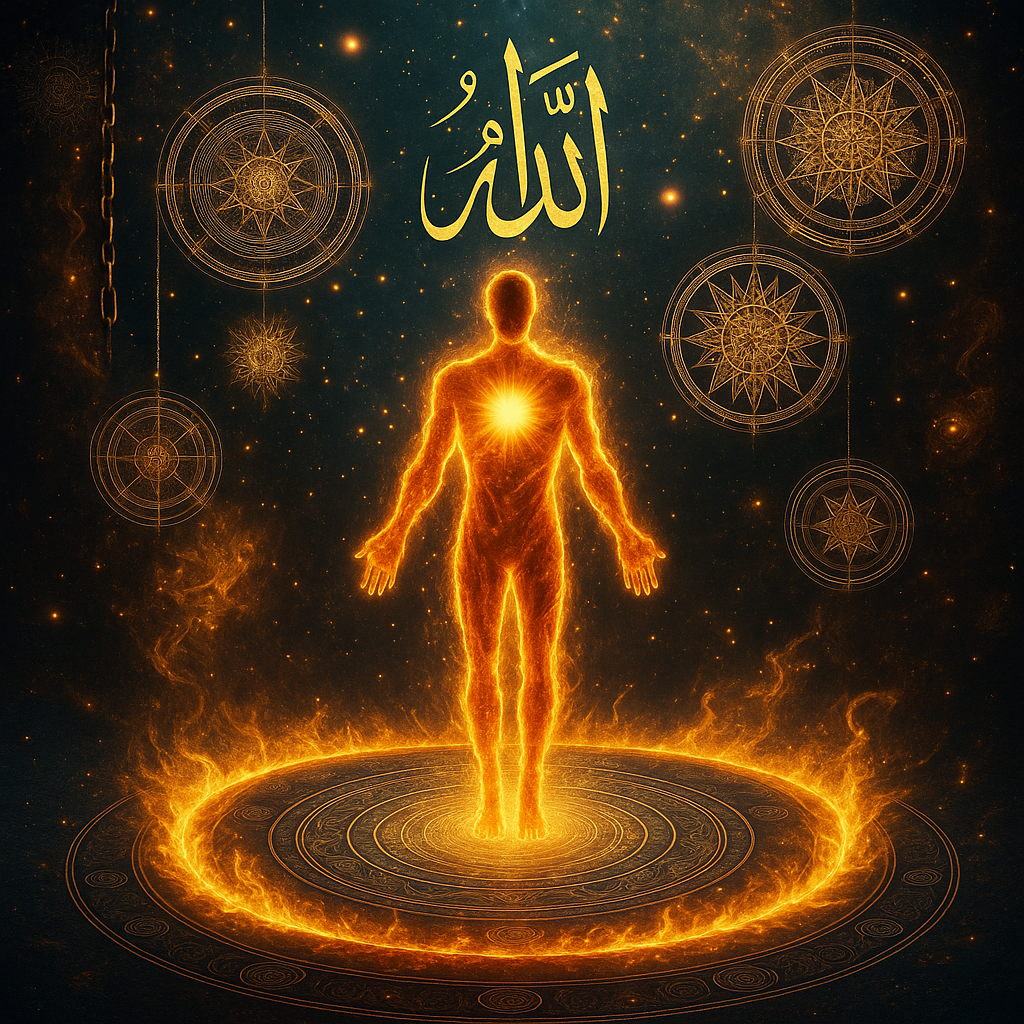 A luminous figure standing in golden flames, impurities burning away, divine light emerging
