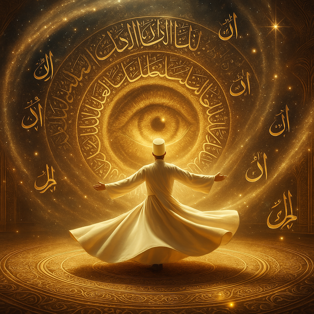 A whirling dervish in luminous robes spins in a golden spiral, surrounded by soft calligraphy and cosmic patterns