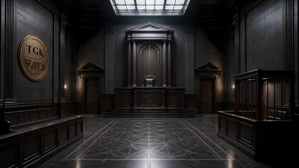 SYSTEMIC Episode III artwork: courtroom ritual and procedural pressure rendered as a dark ceremonial machine.