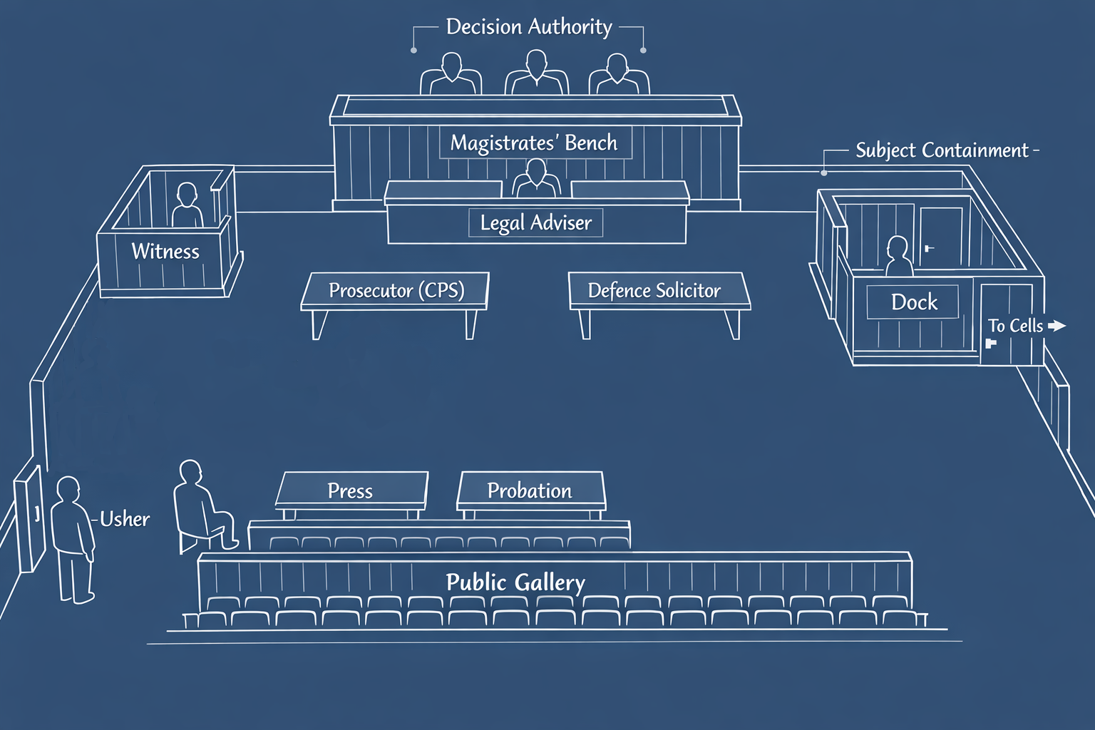 Blueprint-style diagram of a typical Magistrates’ Court in England and Wales, showing the magistrates’ bench, legal adviser, prosecution and defence tables, a single witness box, a defendant dock with route to cells, usher position, press seating, probation seating, and the public gallery.