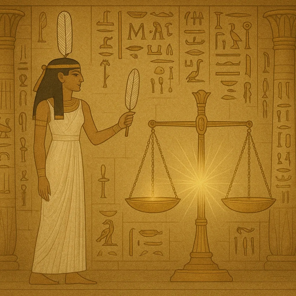 Ma’at holding the feather of truth beside the scales of judgement