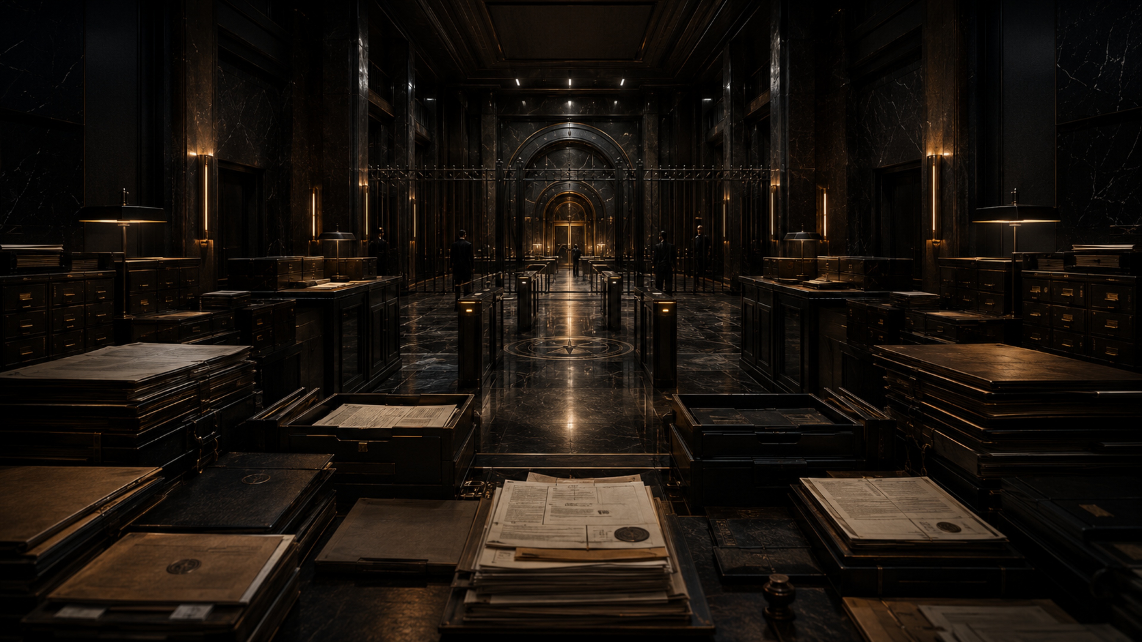 The Empire Codes Episode II artwork: vault bars and sanctions chains over a dark legal grid.