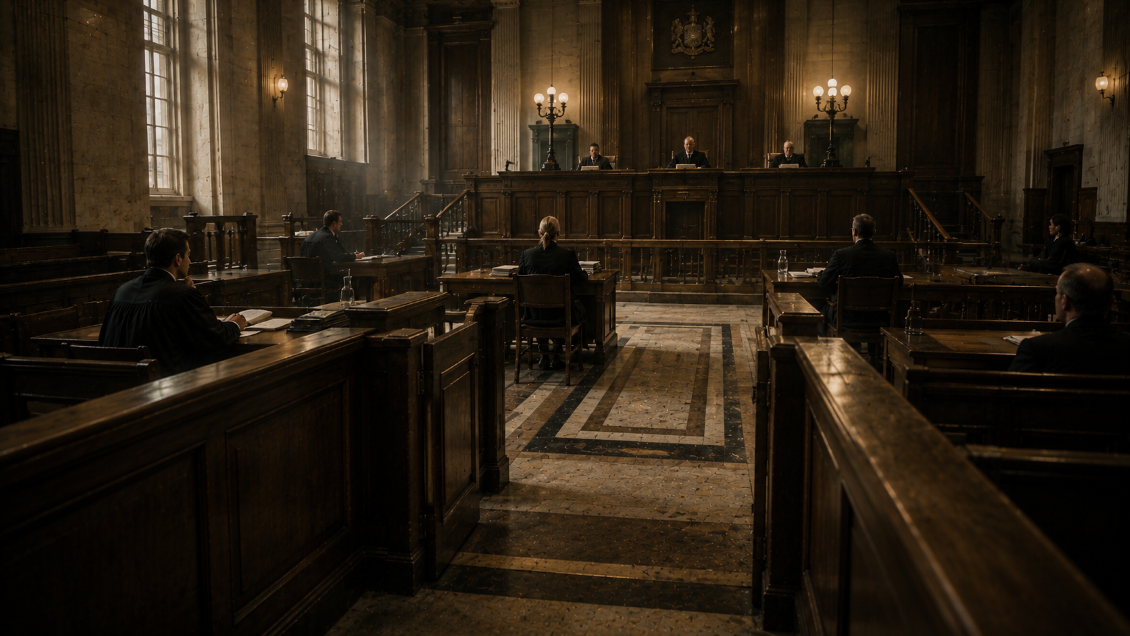 SYSTEMIC Episode III artwork: courtroom ritual and procedural pressure rendered as a dark ceremonial machine.
