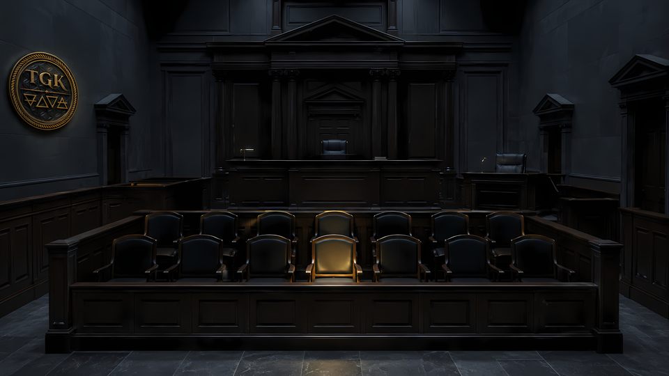 SYSTEMIC Episode IV artwork: jury conscience and managed courtroom ritual set against a dark constitutional grid.