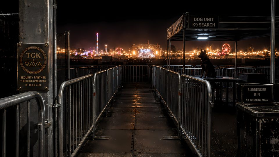 SYSTEMIC Episode IX artwork: festival policing, search architecture, and intake under lights.