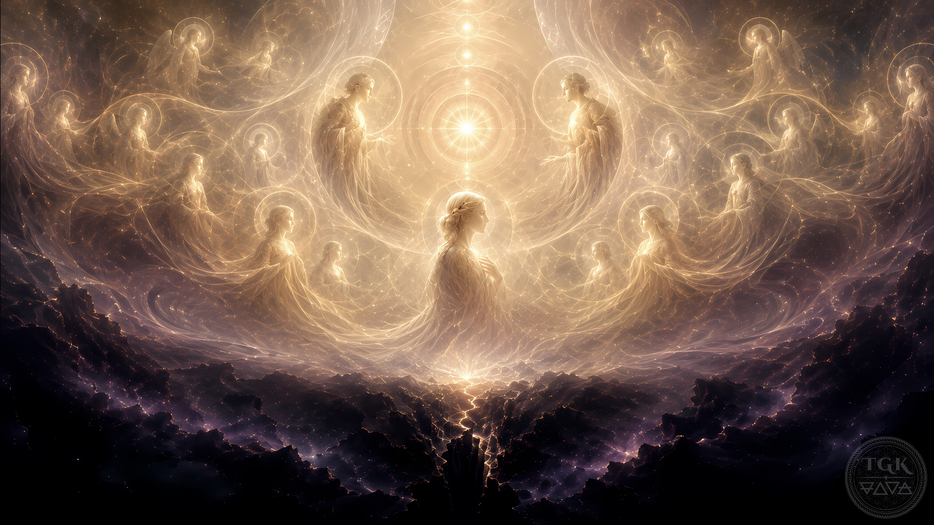 A luminous vision of the Pleroma before rupture, where radiant Aeons flow in harmonious pairs around Sophia as a subtle dark fissure opens beneath the divine fullness.