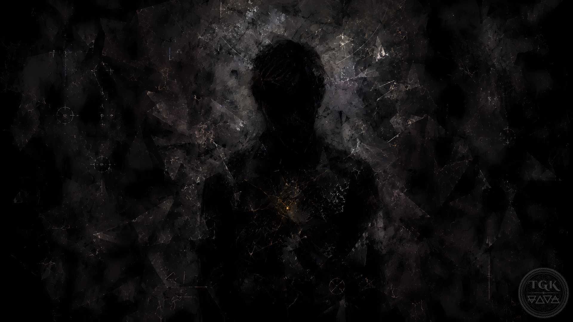 A translucent human form stands in shadow, a radiant golden flame burning within the heart while veils of illusion and false light shimmer and dissolve.