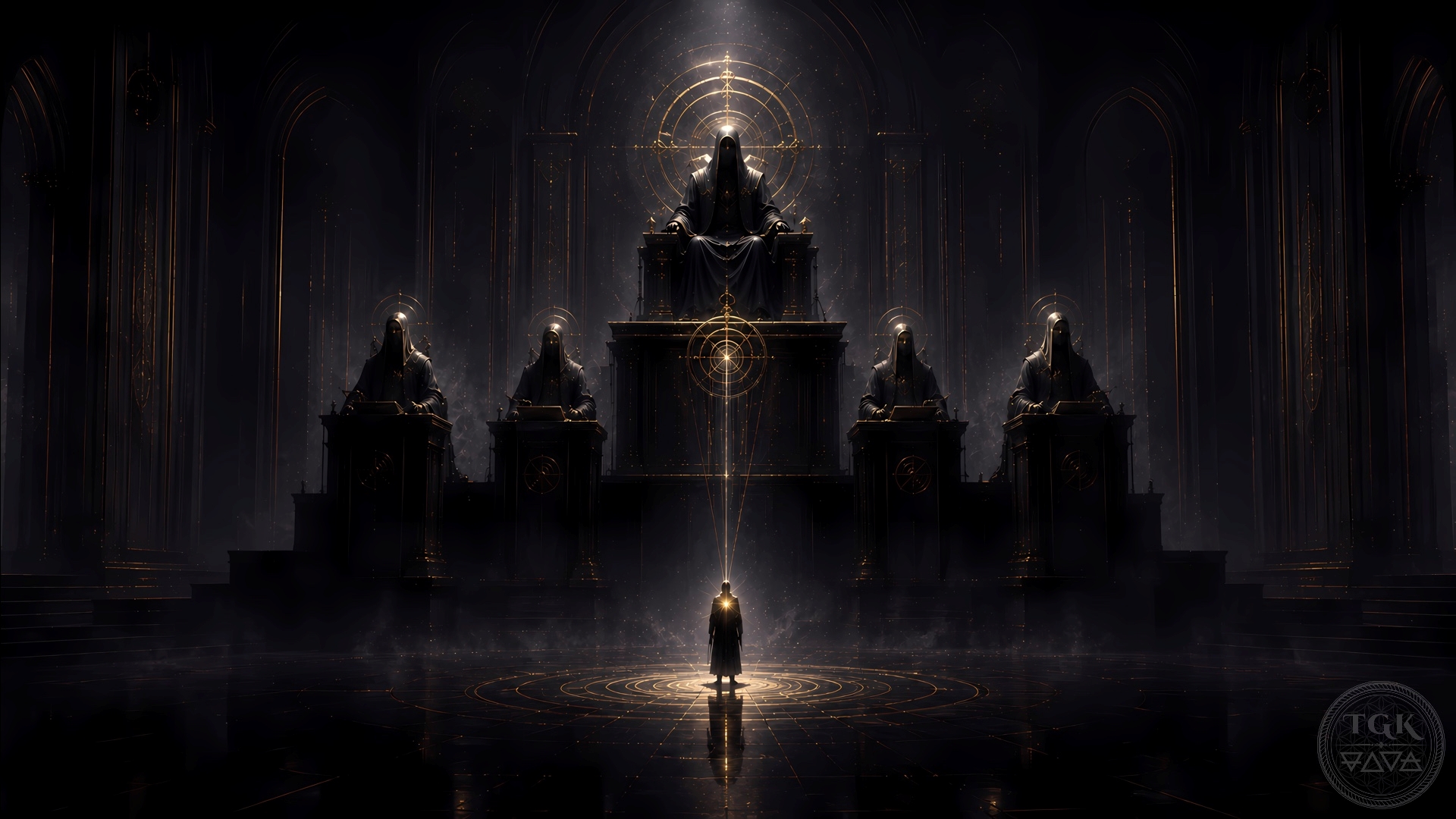 A vast dark tribunal of faceless Archons presides over a cosmic system of ledgers, mechanisms, false halos, and ritual authority, while a small human figure below carries a faint golden spark of awakening.