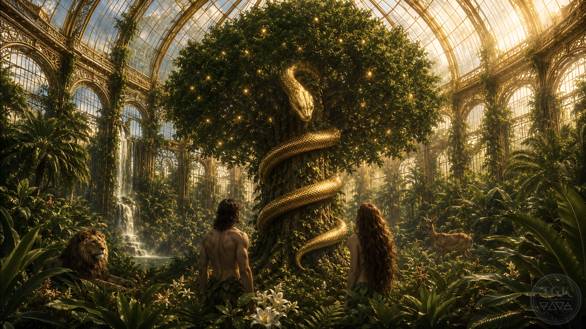 Eden appears as a radiant enclosed garden, beautiful but controlled, with the Tree of Gnosis glowing at its centre, a wise luminous serpent rising through its branches, and Adam and Eve awakening inside the gilded cage.